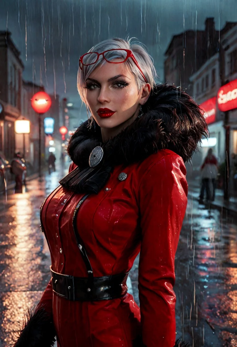 sscore_9, score_8_up, score_7_up, score_6_up, colored manga style BREAK MihoWis, JeanneBayo, 1girl, red clothing, red jumpsuit, silver hair, short hair, grey eyes, black fur scarf, lipstick, makeup, red glasses on head, large breasts, city street, beautiful lighting, rain, storm
