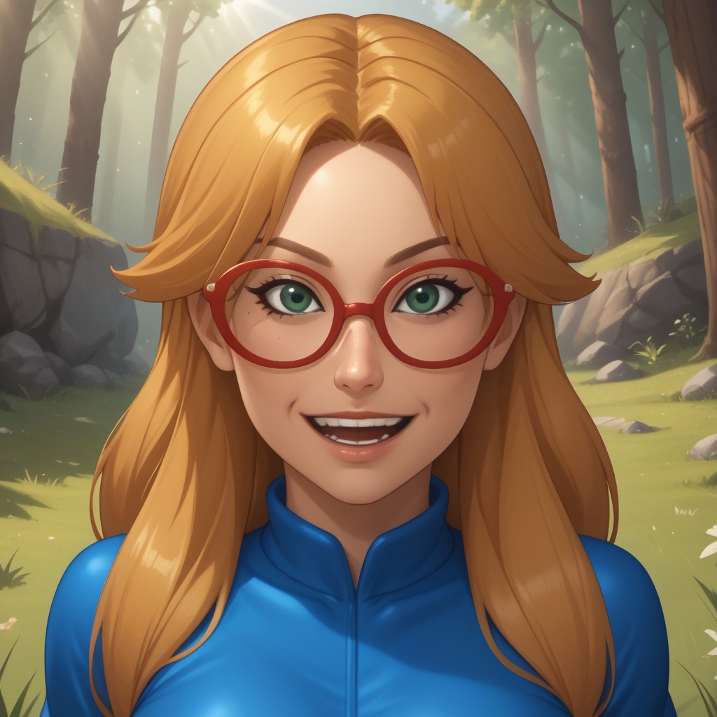 score_9, score_8, BREAK, solo, wii, mii, wii sports, 1girl, female mii, green eyes, dark blonde hair, brown eyebrows, red glasses, open mouth, dark blue clothing, white pants, flip flops, nintendo mii, modern_mii, classic_mii, breasts, ashley_(wii_sports), cute, sexy pose, smile, outdoors, sunlight, shadows, evening lighting, natural lighting, forest, trees, grass, orange sky, sunset