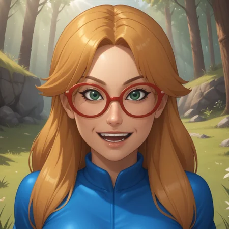 score_9, score_8, BREAK, solo, wii, mii, wii sports, 1girl, female mii, green eyes, dark blonde hair, brown eyebrows, red glasses, open mouth, dark blue clothing, white pants, flip flops, nintendo mii, modern_mii, classic_mii, breasts, ashley_(wii_sports), cute, sexy pose, smile, outdoors, sunlight, shadows, evening lighting, natural lighting, forest, trees, grass, orange sky, sunset