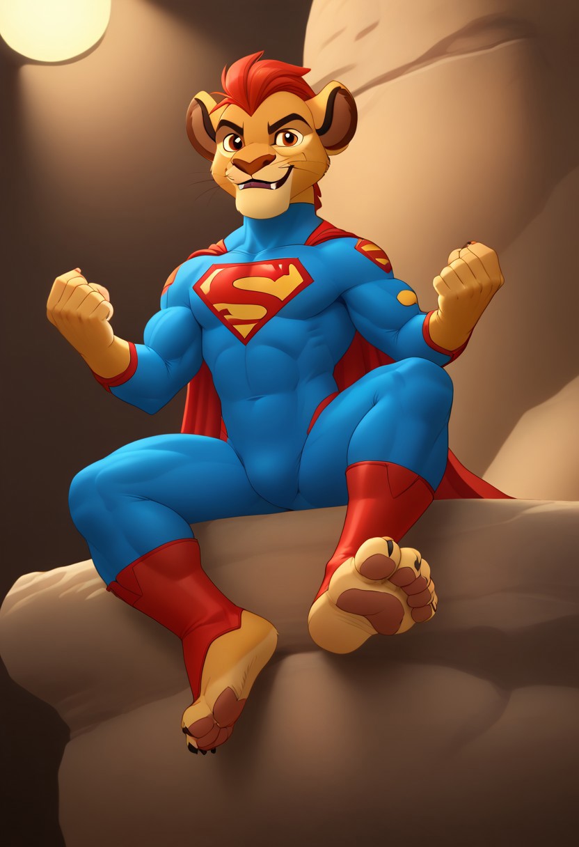(((furry character, full body, cinematic setting, furry male, plantigrade))) 
(((Kion))) from lion guard, ((younger Kion, young face)), ((wearing tight Superman costume, Superman suit, fullbody suit)), 1boy, solo, ((thick muscles, muscular, defined muscles, defined abs, six pack abs, slim waist, tapered lats)), (((veiny arms, giant arms, huge biceps, disproportionate arms, hyper arms, massive biceps))), ((flexing)), (((tight toe boots))), (((sitting, showing off feet, lifting feet, showing off soles, nice detailed feet paws with paw pads and claws, muscular feet, huge feet, giant muscle feet, disproportionate feet))), (view from below, low angle), mark of the lion guard on (((left shoulder))), ((grinning, smirking)), ((sabertooth lion, fangs poking from lips, elongated canines, elongated fangs))
BREAK, intricate details, highly detailed, extreme detail, octane render, fine art, best quality, highres, (detailed face:1.5), ((full_body)), UHD, (((perfect hands))), low light,