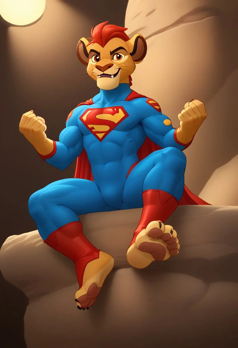 (((furry character, full body, cinematic setting, furry male, plantigrade)))
(((Kion))) from lion guard, ((younger Kion, young face)), ((wearing tight Superman costume, Superman suit, fullbody suit)), 1boy, solo, ((thick muscles, muscular, defined muscles, defined abs, six pack abs, slim waist, tapered lats)), (((veiny arms, giant arms, huge biceps, disproportionate arms, hyper arms, massive biceps))), ((flexing)), (((tight toe boots))), (((sitting, showing off feet, lifting feet, showing off soles, nice detailed feet paws with paw pads and claws, muscular feet, huge feet, giant muscle feet, disproportionate feet))), (view from below, low angle), mark of the lion guard on (((left shoulder))), ((grinning, smirking)), ((sabertooth lion, fangs poking from lips, elongated canines, elongated fangs))
BREAK, intricate details, highly detailed, extreme detail, octane render, fine art, best quality, highres, (detailed face:1.5), ((full_body)), UHD, (((perfect hands))), low light,