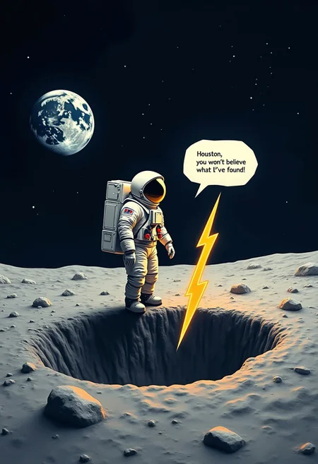 A photorealistic picture of an astronaut on the surface of the Moon, the Earth is visible on the horizon. The astronaut is standing over a stylized yellow lighting bolt in a crater, there is a speech bubble over the astronaut with the text "Houston, you won't believe what I've found!"