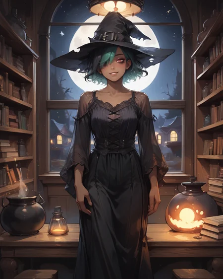 (score_9, score_8_up, score_7_up), source anime, indoors, village, night, living room, cabinet, window, potions, shelves, library, (night), stars, cosmos, <lora:backgroundsetXL:0.2> , background, solo, woman living room standing, <lora:Expressive_H:0.8> , expressiveh, <lora:add-detail-xl:1>, detailed, female focus, blush, looking at viewer, <lora:HandFixer_pdxl_Incrs_v1:0.5> , handfixer, depth of field, highly detailed, hair over one eye, bags under eyes, black hair, short hair, two-tone hair, (dark skin), (dark-skinned female), green hair, red eyes, corset, (witch), witch hat, smile, cowboy shot, uncensored, gown, bat wings, dress, <lora:ph4nt0m01lXLP:0.9> , ph4nt0m01l, dark colors, dark theme, spooky, floating objects, cauldron,