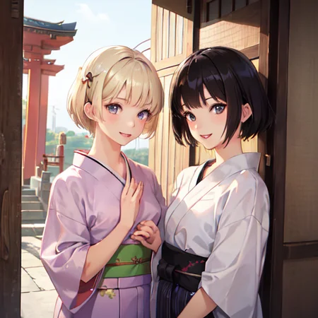 two young girls wearing yukata, one blonde short hair with green eyes, one brown short hair with black eyes, going to the temple to pray, smile, (realistic, photorealistic), extremely detail face , CG, teeth, happiness