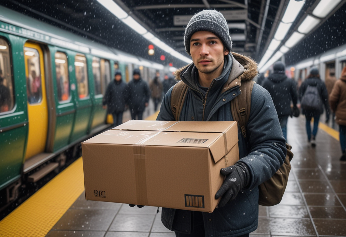 (medium full shot) of (medium shot ) of street performer delivering packages, detailed face, located in an urban scene at a crowded subway station during twilight with snowing weather, illuminated by streetlights, creating a busy atmosphere, Masterpiece,best quality, photo, realistic, very aesthetic,
