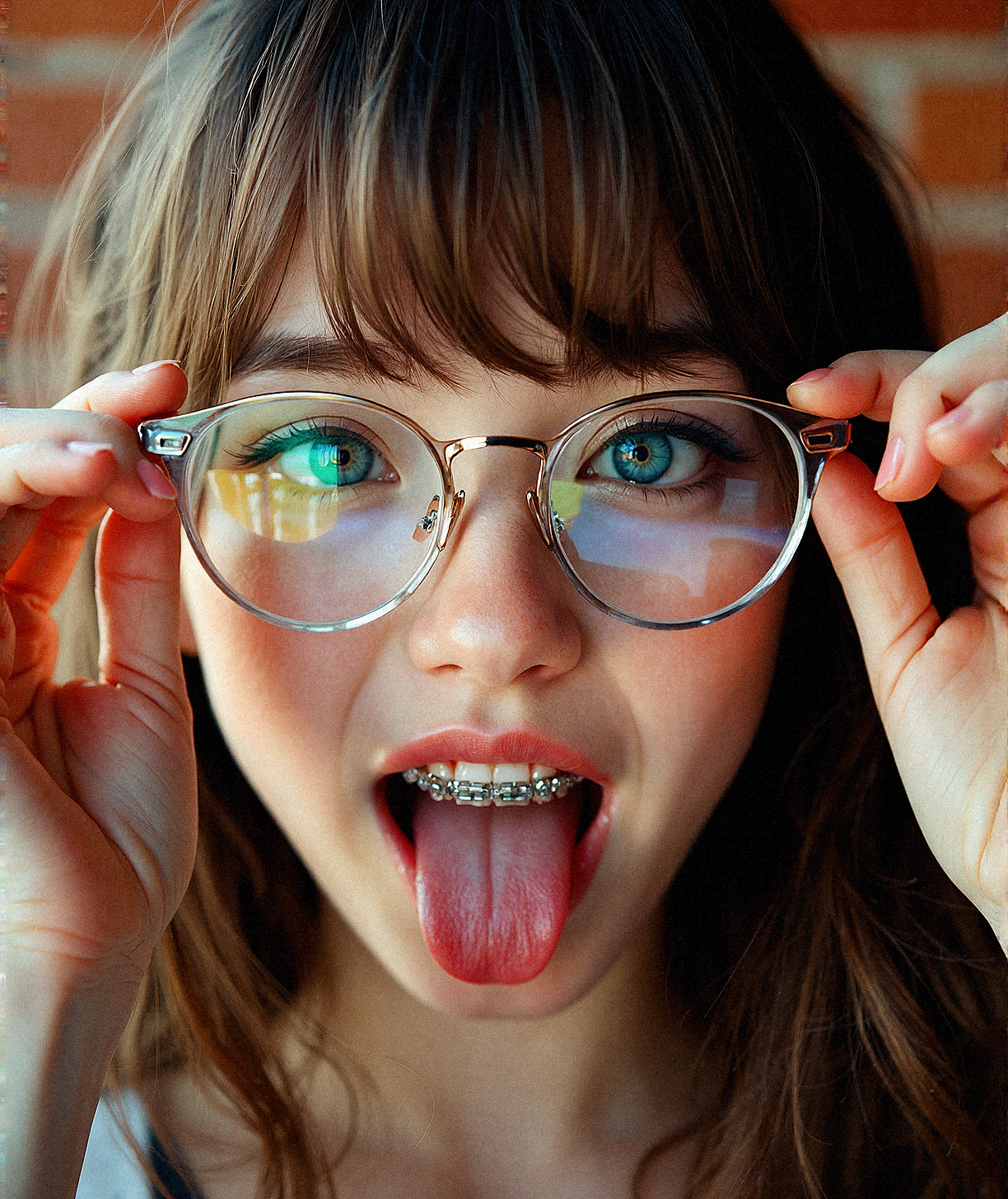 semi-realistic close-up portrait of a nerdy beauty with glasses and braces, (Both hands gently holding her glasses, as if adjusting them, with her mouth opens, tongue out).

Her glasses are clear-framed, highlighting her expressive (bright aqua eyes). The reflection on the lenses captures subtle details of the surrounding environment without obscuring her gaze. (Side-Swept Bangs with Layers: Long, side-swept bangs that frame the face and blend into long layers), with a few strands catching the natural light, creating a delicate glow. The intricate braces on her teeth, with shiny metallic wires and brackets, add a youthful and relatable touch to her smile. The lighting is soft and natural, possibly from a nearby window, casting gentle highlights on her face, emphasizing the texture of her skin, the smoothness of her lips, and the sparkle in her eyes. Her lips have a natural pink tint, and her eyebrows are neatly shaped, adding definition to her face. The background is softly blurred with a warm-toned brick wall, ensuring that all attention is on her facial features. Focus on capturing every detail with precision—from the shine on her braces to the tiny reflections in her eyes, down to the texture of her skin. The image should evoke a sense of warmth, authenticity, and casual charm, with a high level of realism that makes the viewer feel as if they are standing right in front of her.







