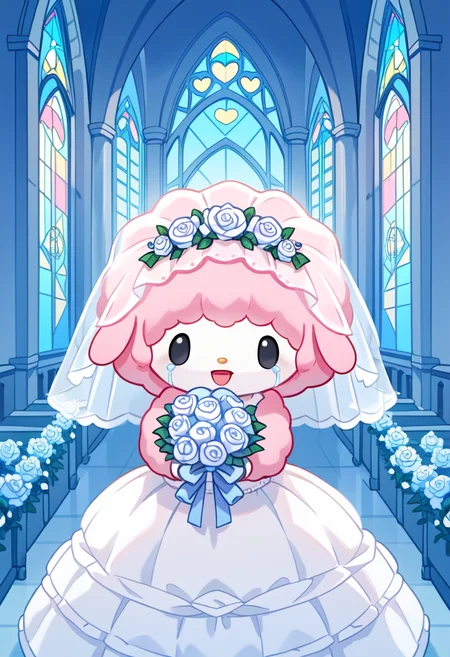 score_9, score_8_up, score_7_up, score_6_up, score_5_up, BREAK
mysweetp, open mouth, smile, dot eyes, furry, chibi, feral, (pink fur), white face, black eyes, solo, 1 girl, church, wedding dress, wedding veil, holding bouquet, crying,