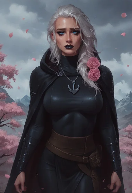 score_9, score_8_up, score_7_up, (realistic:1.2), mysterious girl, alluring goddess,, smooth, very detailed, etra detailed, intricate details, highly detailed, masterpiece, best quality, amazing quality, (wet hair:1.2), 1girl, solo, cherry blossoms falling around her, misty mountains in the background, sad, tears:1.2, (crying woman:1.1), beautiful woman, curvy, Jaina Proudmoore, 1girl, mature female, (bicoloured hair:1.2), white hair, (blonde hair:1.1), blue eyes, pupils, storm, (small anchor necklace:1.2), (cowboy shot:1.1), windy:1.2, mountains at the background, black lips, sith lord, star wars, sith, black hood, black cape, hood on head, turtleneck, (total black clothing:1.2), jainapost, (fully clothed), (she holding pink rose:1.3),,roses, pink roses, roses, rose petals, rose, (dramatic atmosphere), (detailed background), (three-quarter view), (running mascara:1.1) , (fully clothed:1.2)