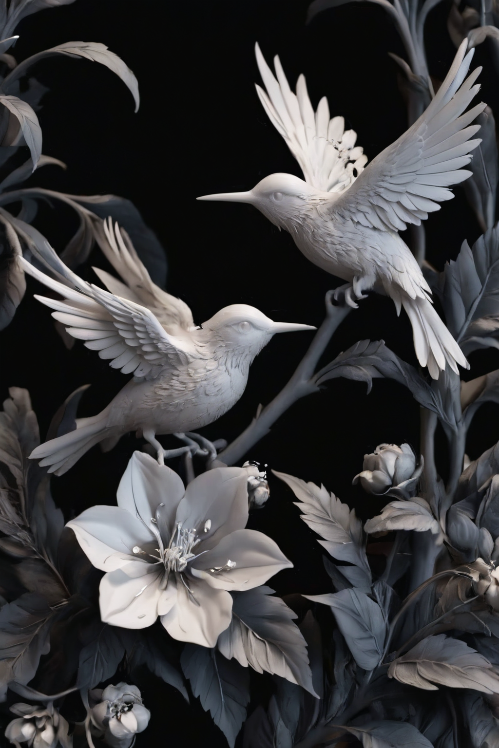 <lora:3DPrintingXL:1>,
masterpiece,(best quality),
official art,extremely detailed cg 8k wallpaper,
((crystalstexture skin)),(extremely delicate and beautiful),highly detailed,
WhiteMold, art style, 3d printed mold, flower, black background, simple background, bird, plant, no humans