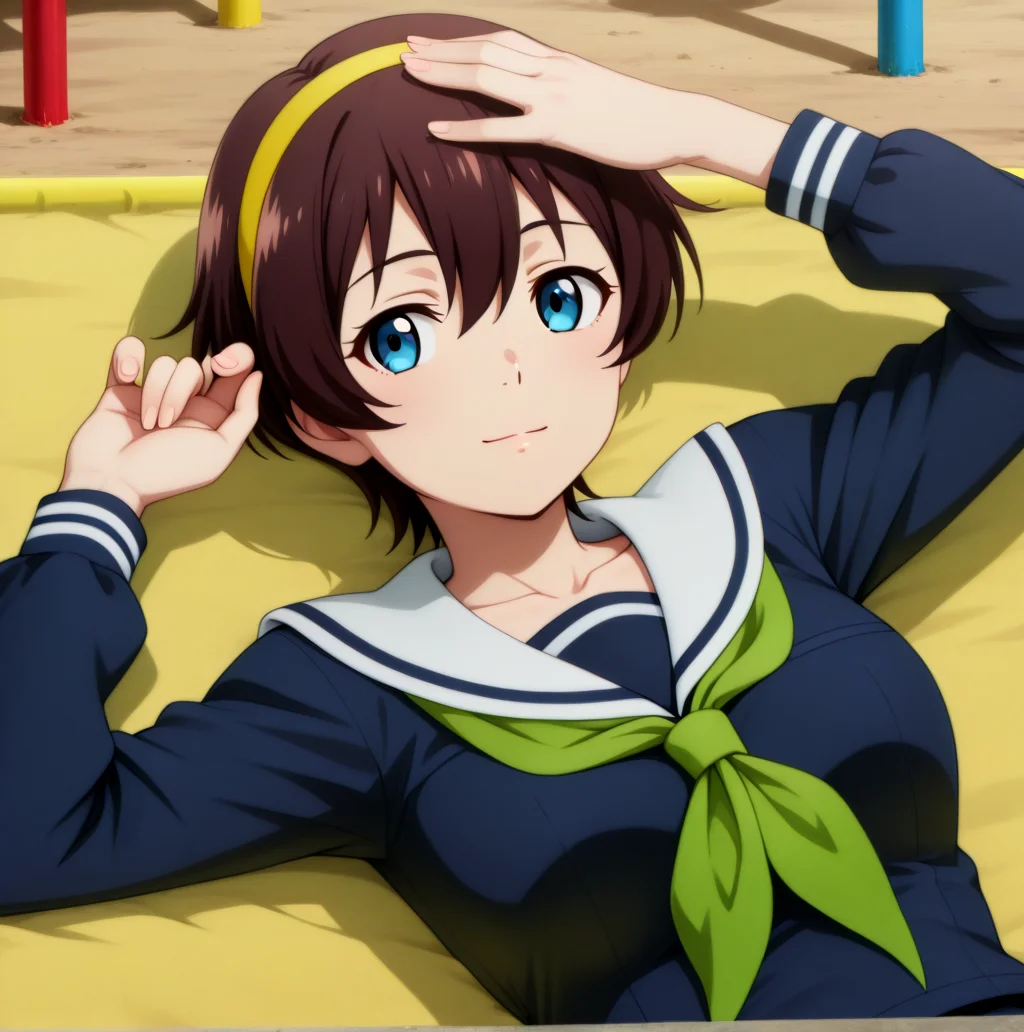 Yuu_School, 1girl, (brown short hair:1.1), hair between eyes, blue eyes, medium breasts, collarbone, yellow hairband, serafuku, green neckerchief, sailor collar, dark blue serafuku, long sleeves,
, Children's playground bordered by cherry blossom trees, light smile, Lying on the side, one hand propping up head , <lora:Yuu_IL_NoobAI:0.6>