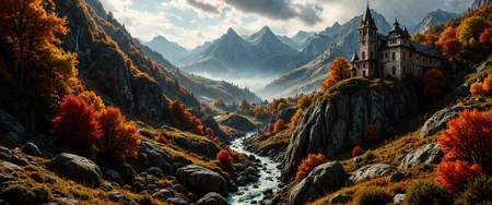 Epic aerial view of the Carpathian Mountains in Romania, mist-shrouded valleys between majestic forested peaks, bathed in golden autumn light. Ancient pine trees adorned with amber and crimson foliage create a tapestry of colors across rugged slopes. Medieval stone castle ruins perched on a dramatic clifftop overlook the wild Transylvanian landscape. Crystal-clear mountain stream cutting through moss-covered boulders in foreground. European brown bears visible in distant clearing. Traditional wooden Orthodox churches with tall spires nestled in remote valley villages. Dramatic clouds casting dappled shadows across the undulating terrain. Vibrant wildflowers dot alpine meadows. Photorealistic 8K quality, cinematic wide-angle composition, rich depth of field, hyperdetailed textures, morning atmospheric haze. <lora:flux_vividizer:0.7> <lora:reedy-art-style:0.6> <lora:flux_dev:1>