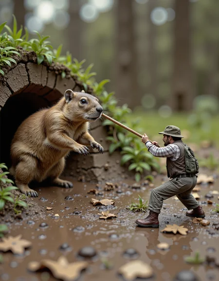 raw photo, a miniature men with stick as spear fighting a groundhog exiting it's hole, groundhog towers above him,