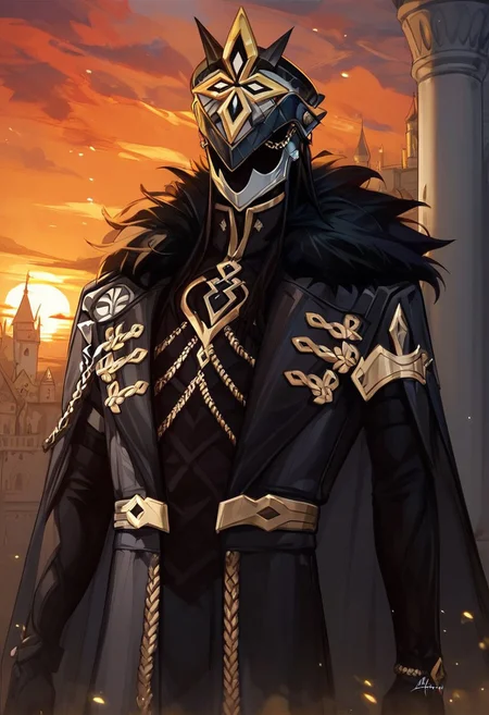 highly detailed,score_9,score_8_up,score_7_up, male focus, 1boy, solo, capitano, black hair, long hair, helmet, outfit, fur-trimmed_coat, black coat, sunset, perfect quality, expressiveh, BREAK,
castle, castle room