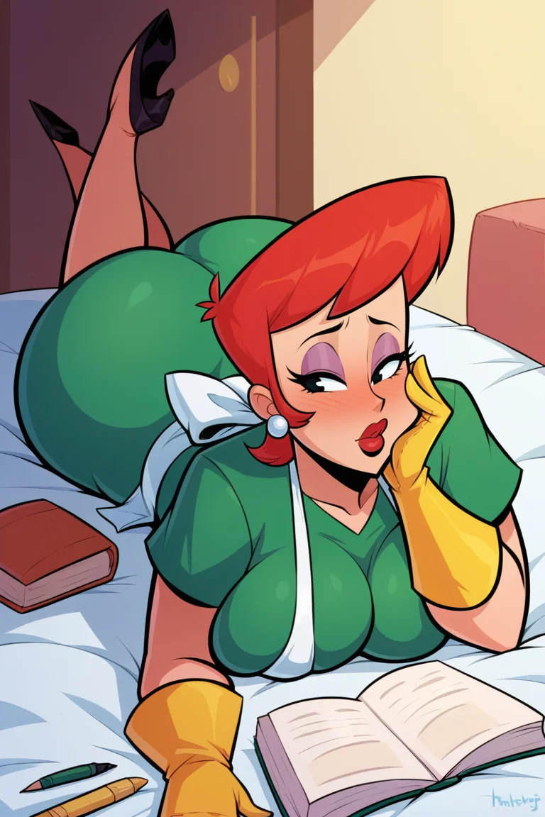 score_9, score_8_up, score_7_up, BREAK, <lora:hugotendaz-guy-PONYv1:1>, 1girl, solo, breasts, blush, short hair, large breasts, gloves, jewelry, ass, red hair, earrings, lying, huge breasts, apron, lips, book, makeup, on bed, thick thighs, lipstick, breast press, hand on own face, mature female, full-face blush, open book, pen, yellow gloves, thick lips, mom /(dexter's laboratory/), pants, shirt, on stomach, green shirt, white apron,