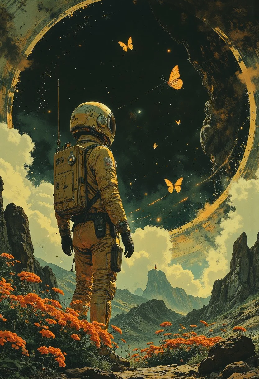 an astronaut standing sideways on with his head raised. Small bright yellow butterflies flutter above it, it stands on an unknown planet, but with very contra vegetation, beautiful flowers
