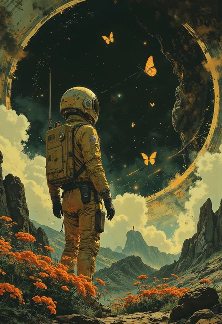 an astronaut standing sideways on with his head raised. Small bright yellow butterflies flutter above it, it stands on an unknown planet, but with very contra vegetation, beautiful flowers