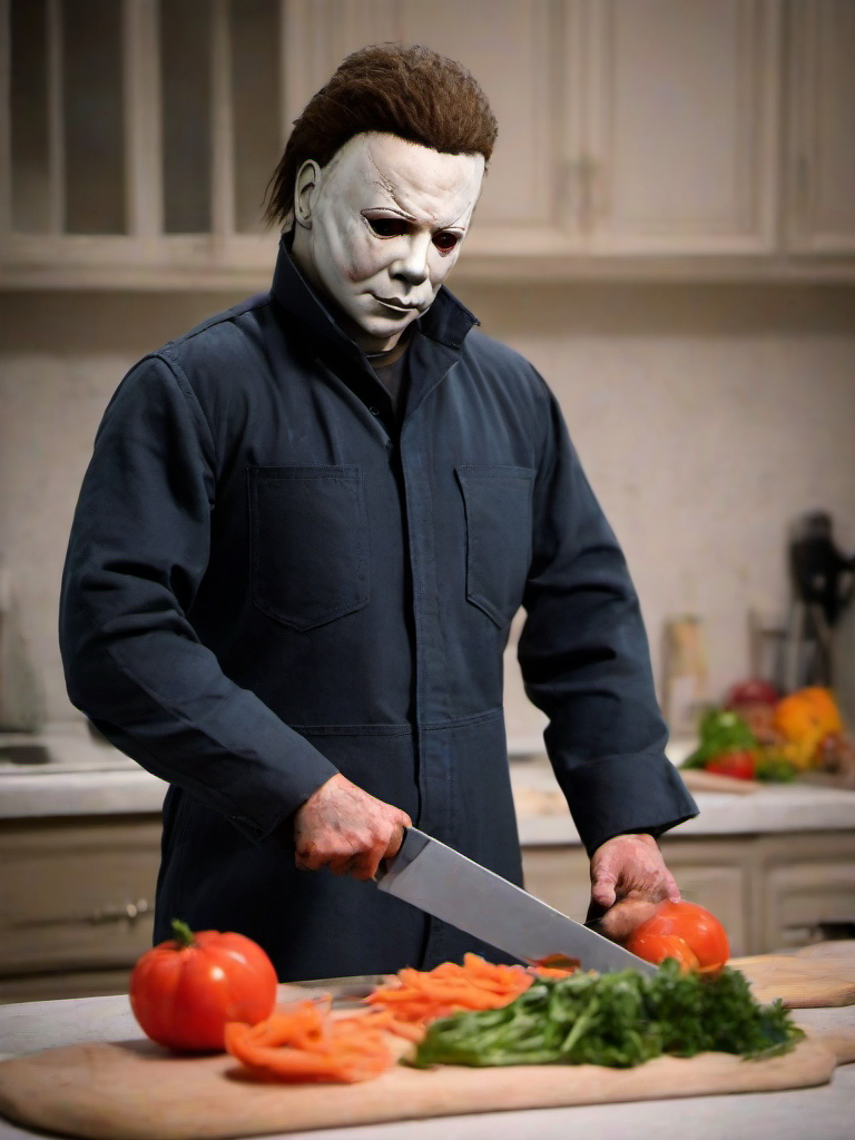 Masterpice,High Quality,
 <lora:PE_Michael Myers:0.8> PEMichaelMyers,
slicing vegetables with a knife,