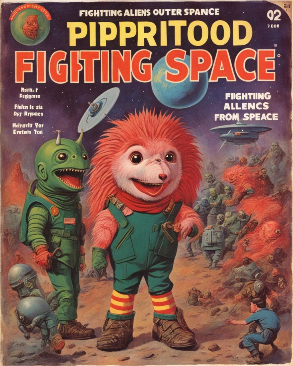 A vintage magazine cover featuring KippiBenKippod fighting aliens from outer space <lora:Kippi_Ben_Kippod_SDXL:1.0> <lora:SDXL-VintageMagStyle-Lora:1>