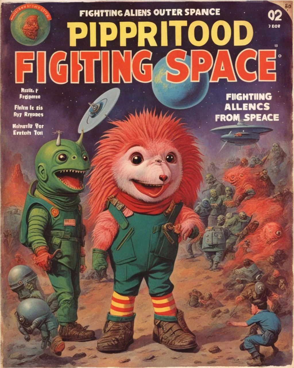 A vintage magazine cover featuring KippiBenKippod fighting aliens from outer space <lora:Kippi_Ben_Kippod_SDXL:1.0> <lora:SDXL-VintageMagStyle-Lora:1>