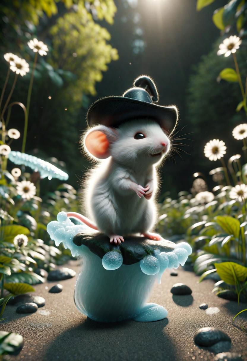 ral-fluff,<lora:ral-fluff:1>,
chibi,masterpiece,best quality,original,official art,black metallic fantasy mice,hat,flower,blurred background,rendering,beautiful detailed glow,(detailed ice),beautiful detailed water,sunny, blurred flower, happy, stand in Front of Hause