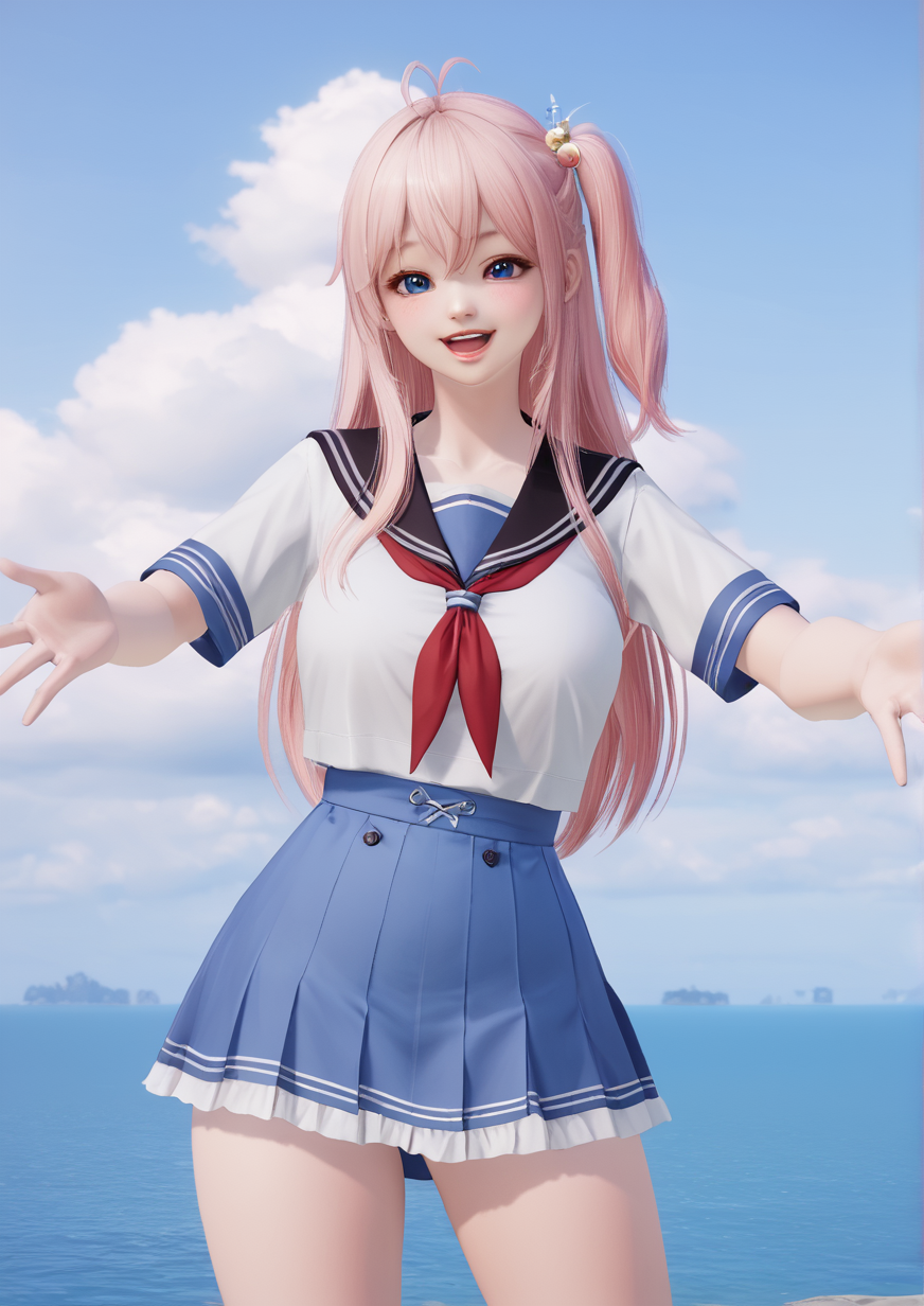 1girl, kurashina asuka, huge breast, 3d, :d, antenna hair, arms at sides, black sailor collar, blue eyes, blue skirt, blue sky, blush, breasts, cloud, cowboy shot, cumulonimbus cloud, day, floating clothes, frilled skirt, frills, hair between eyes, hair intakes, happy, high-waist skirt, long hair, looking at viewer, neckerchief, one side up, open hands, open mouth, outdoors, pink hair, pleated skirt, red neckerchief, sailor collar, school uniform, serafuku, shirt, short sleeves, sidelocks, skirt, sky, smile, solo, sparkle, standing, straight-on, straight hair, teeth, upper teeth only, very long hair, water, white shirt, wing hair ornament, zPDXL3<lora:lost_ark:0.9>