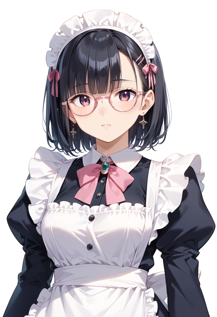 score_9, score_8_up, score_7_up, rating_safe, masterpiece, best quality, absurdres, unity 8k wallpaper, official art, official style, source_anime, uncensored, game cg, megami magazine,
1girl, solo, black hair, medium hair, upper body, covered eyes,maid, maid headdress, black dress, maid apron, face focus,
round_glasses22A, glasses, still life, white background, simple background, pink-framed eyewear,
 <lora:glasses_Round_PONY_V1:1>