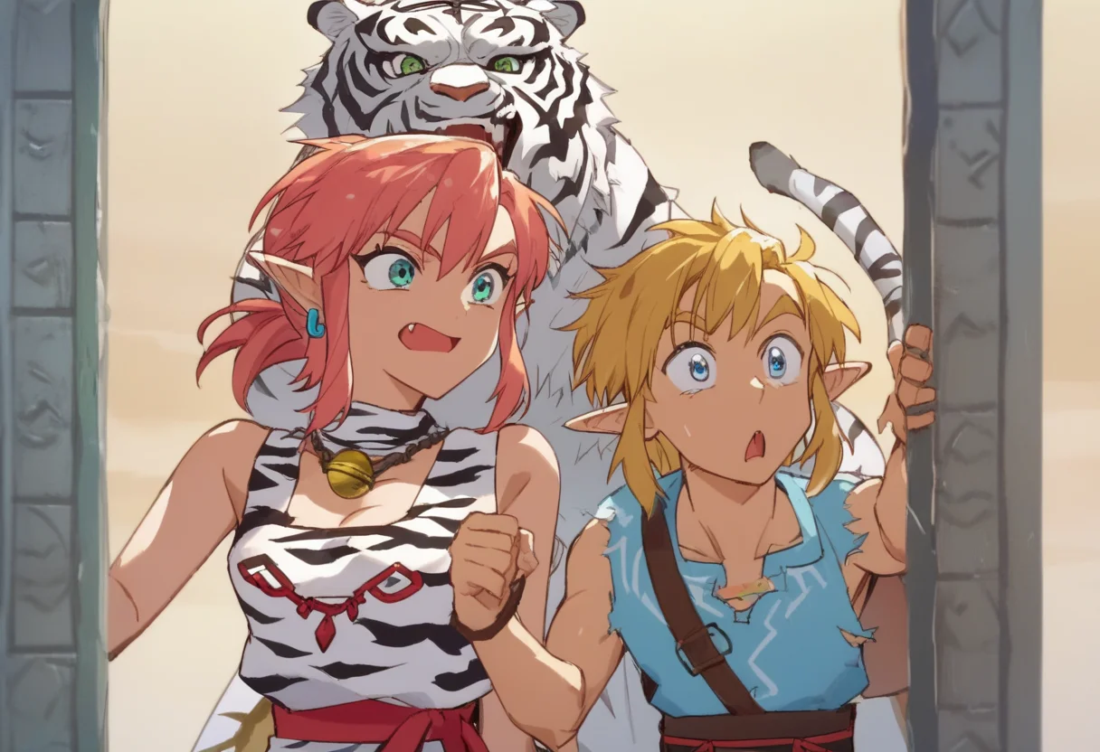 score_9, score_8_up, score_7_up, score_6_up, Masterpiece, source_anime screenshot, duo, 1 girl, 1 boy, vivid colors, full color, shiny and glossy, anime style, high-res, beautiful aesthetic, very intricate, high-quality details, vibrant, highly detailed, award-winning, professional, <lora:pink-ponyxl-v2:1>, 1 girl, single fang showing, sleeveless dress, white tiger print dress, pelvic curtain, cleavage, white cat ears, cat bell necklace, bright pink hair, tanned, white tiger tail, red sash, small breasts, leather shoes, detailed eyes, green eyes, detailed face, break, <lora:link:1> 1boy, link1, link, pointy ears, blonde hair, blue eyes, medium hair, side locks, earrings, short ponytail, blue hylian tunic, break, pink and link shouting, pink and link holding signs high above their heads, front view,
