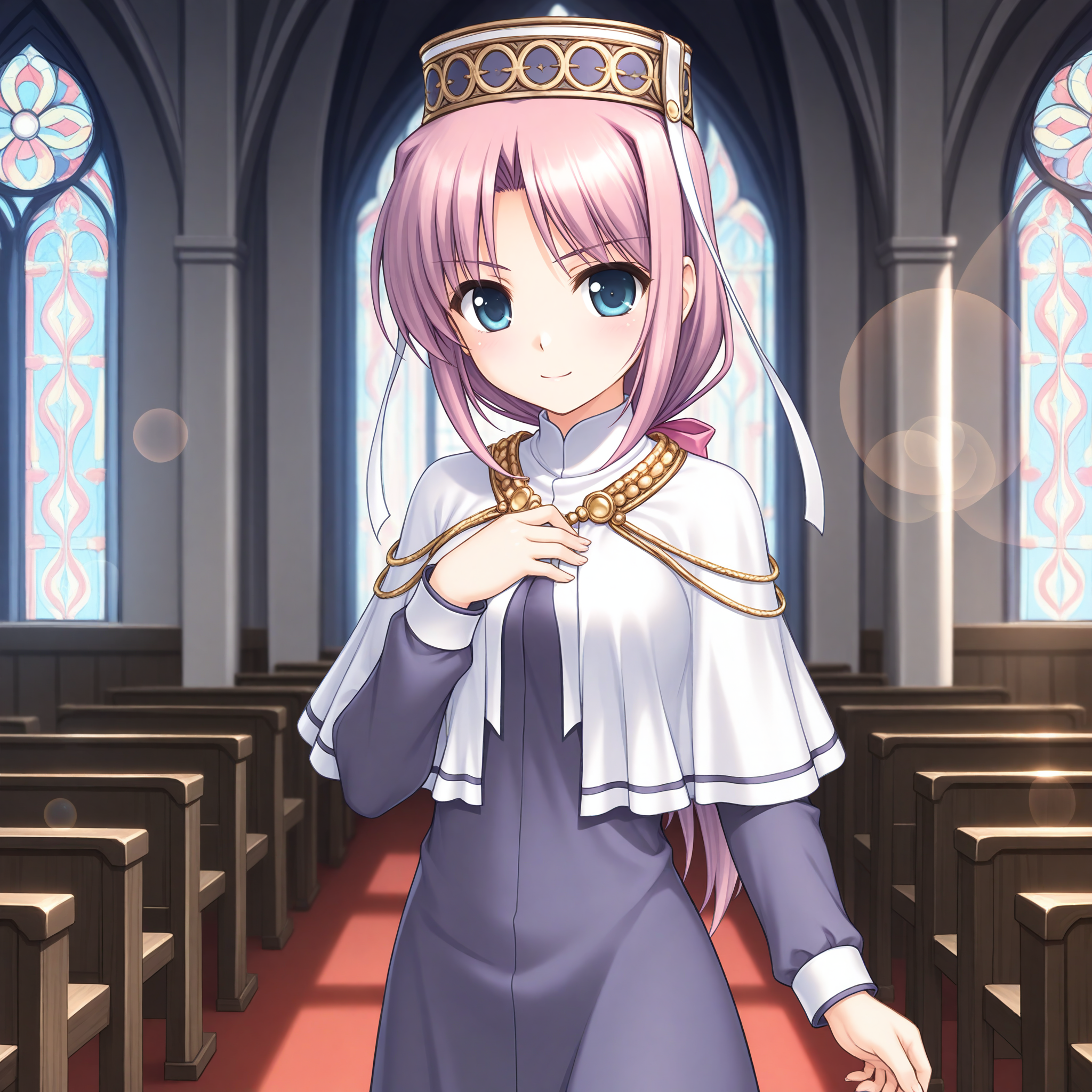 <lora:Lavria_1_nai-000022:1>,Lavria,ponytail,hair bow,pink bow,
priest,hat,long sleeves,white capelet,purple dress,gold necklace,
BREAK
1girl,solo,smile,looking at viewer,hand on own chest,window,serious,indoors,stained glass,church,indoors,front view,depth of field,lens_flare,