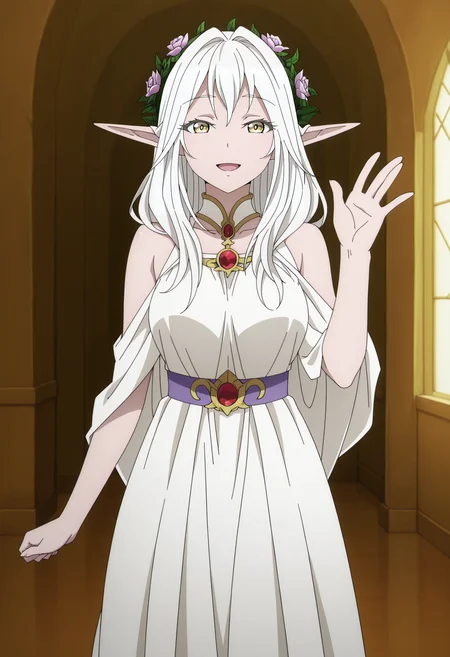 1girl,solo,mm,mature female,long hair,pointy ears,elf,hair ornament,hair flower,white hair,yellow eyes,anime coloring,
white dress,bare shoulders,head wreath,cowboy shot, waving, open mouth, smile,looking at viewer, indoors
,masterpiece,best quality,amazing quality,<lora:Kakan_no_Morihime-Goblin_Slayer:0.8>