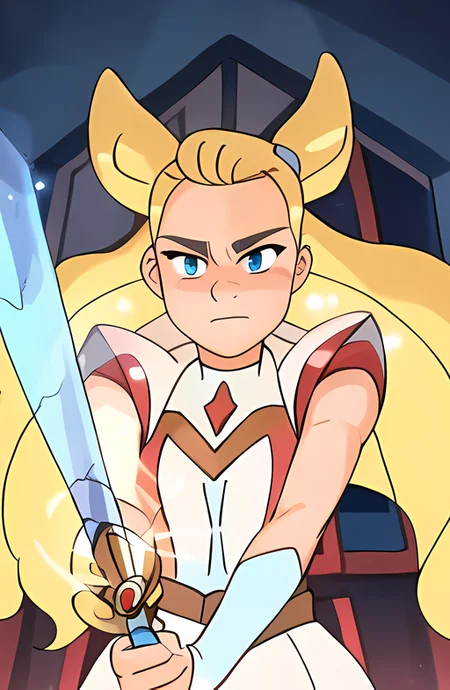 a woman with blonde hair, pony tail, blue eyes, wearing a red jacket, warm lighting