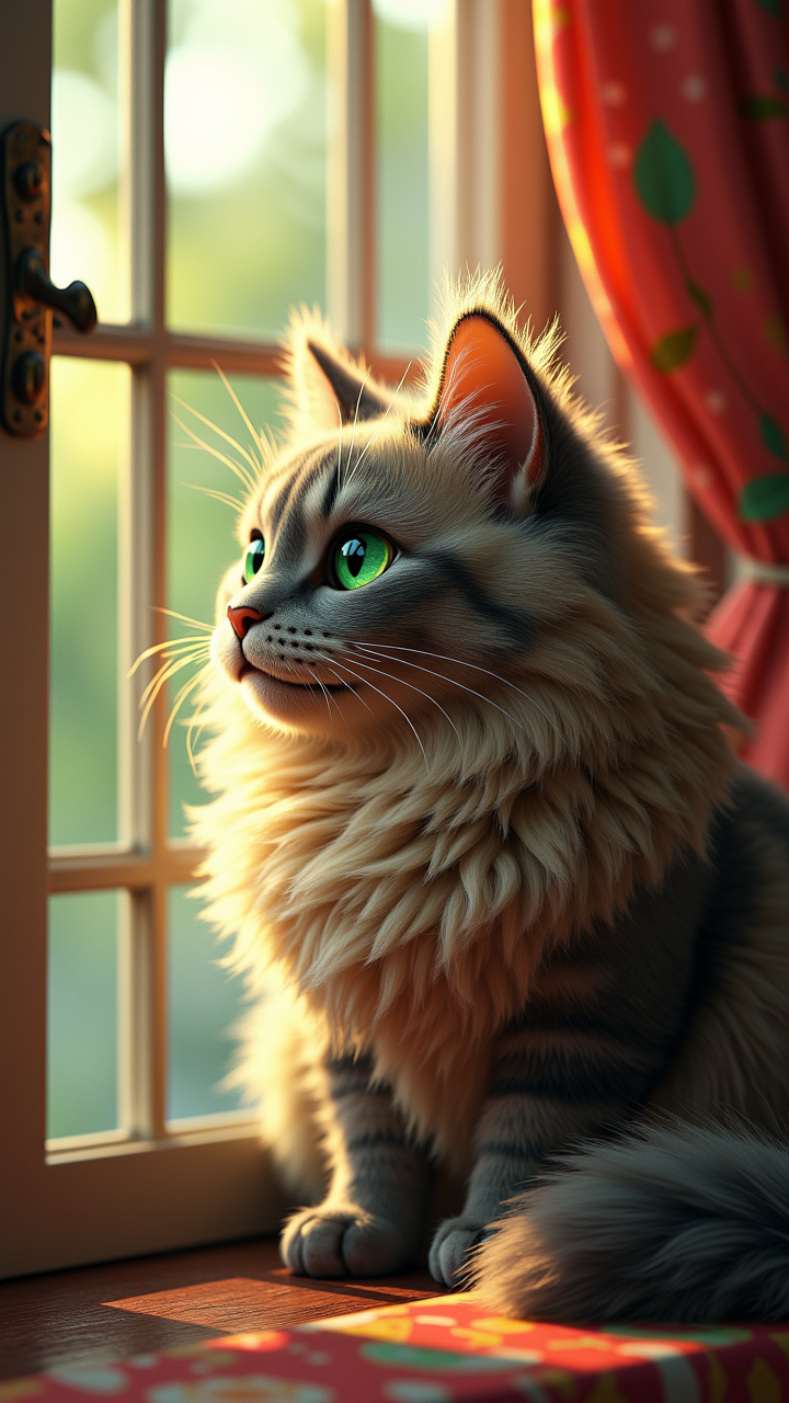 Lunarpunk, Hypersaturated, Chic, A Frilled and Batik Angora Cat with piercing green mouth gazes out from the window of a beautiful spa, its fur glistening in the sunlight. artstation, unreal engine, aidmaMJ6.1