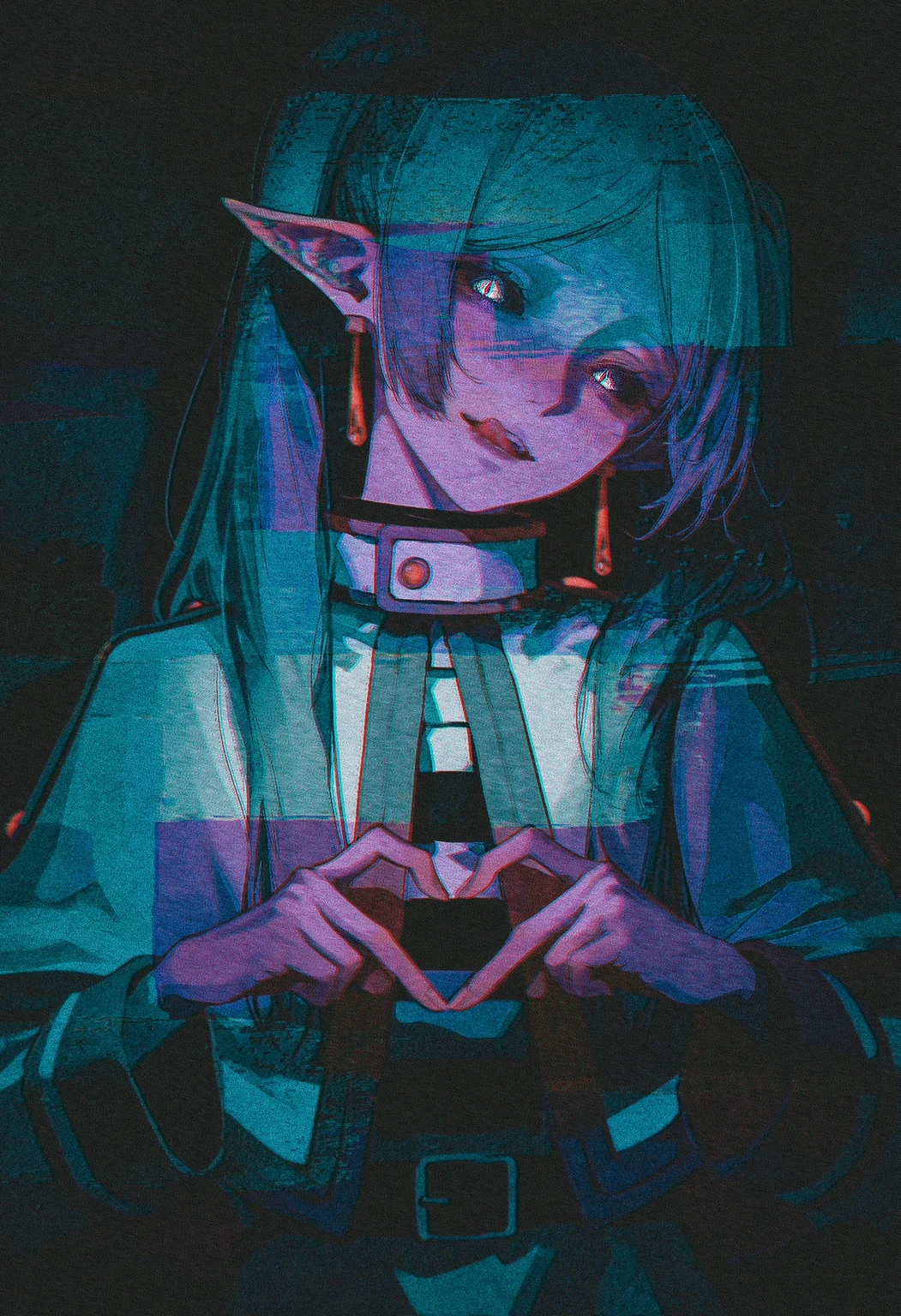 (by rolua, by roitz \( roitz \):1.2), (by mika pikazo:1.1), (by kagoya1219:1.1), by ask \(askzy\), film grain, (limited palette:1.2), realistic,
masterpiece, best quality, amazing quality, very aesthetic,
frieren, solo, yandere, black-blue theme, dark, green glowing eyes, slit pupils, black sclera, (head tilt:1.3), staring, full-face blush, creepy theme, multicolored background, licking lips, 4-finger heart hands,
<lora:nhl-001-20:0.9> nhl-001