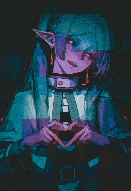 (by rolua, by roitz \( roitz \):1.2), (by mika pikazo:1.1), (by kagoya1219:1.1), by ask \(askzy\), film grain, (limited palette:1.2), realistic,
masterpiece, best quality, amazing quality, very aesthetic,
frieren, solo, yandere, black-blue theme, dark, green glowing eyes, slit pupils, black sclera, (head tilt:1.3), staring, full-face blush, creepy theme, multicolored background, licking lips, 4-finger heart hands,
<lora:nhl-001-20:0.9> nhl-001
