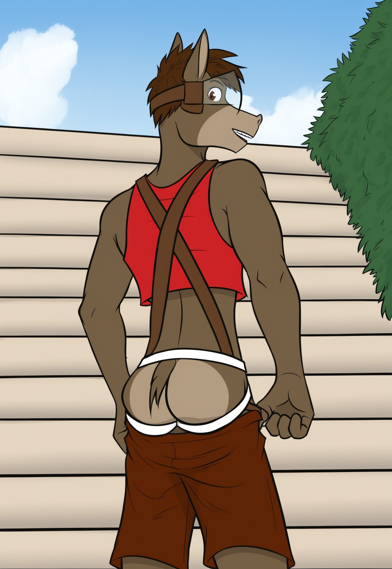 safe_pos, artwork, digital artwork, colourful source_e621, score_9, score_8_up, score_7_up, score_6_up, score_5_up, score_4_up, solo, jacques, male, donkey, white sclera, brown eyes, brown hair, short hair, low view, from behind, looking back, looking overshoulder, overshoulder, looking at viewer, looking down, ass, ass focus, tail, wearing costume, costume, red tank top, tanktop, jockstrap, shorts down, fingerless gloves, straps, detailed, detailed background, outdoors, outside, park, clothed, clothed, perfect eyes, perfect face, perfect mouth, perfect teeth, braces, natural lighting, donkey tail, head piece, rear view, thick ass, firm ass, round ass, big ass, eye piece, face piece, 