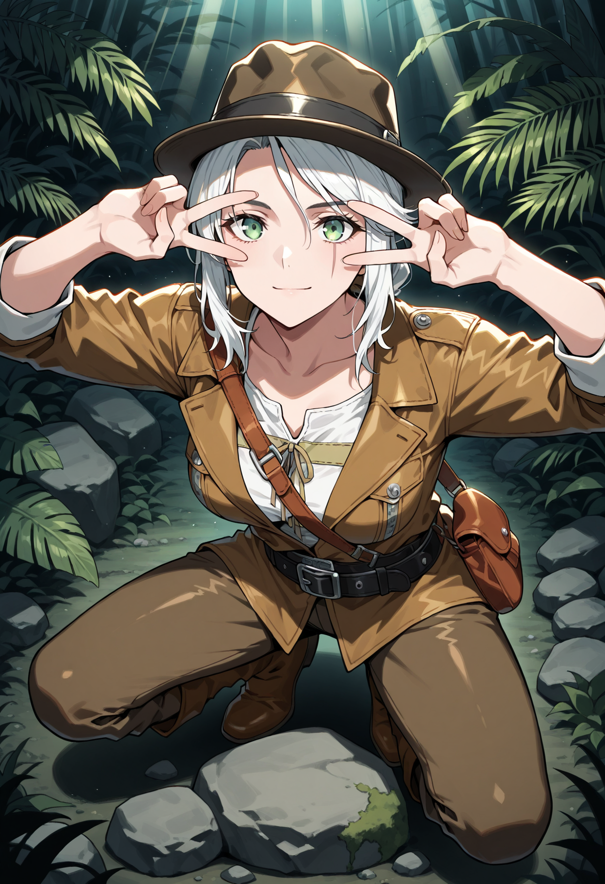 masterpiece, best quality, 1girl, solo, ciri, white hair, scar across eye, fedora, brown headwear, black belt, white shirt, brown jacket, leather jacket, (indiana jones:0.8), shoulder bag, jungle, outdoors, rainforest, nature, (fern), light rays, dark theme, squatting, spread legs, from above, green eyes, brown pants, moss, rock, dim lighting, dark background, looking at viewer, double v, v over eye, hands up, light smile, closed mouth