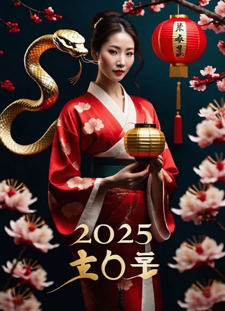 yearofthesnake, ("2025" text), woman holding a gold snake, paper lantern, close-up, calligraphy, cherry blossom tree, detailed background, (fireworks)
<lora:yearofthesnake:.7>