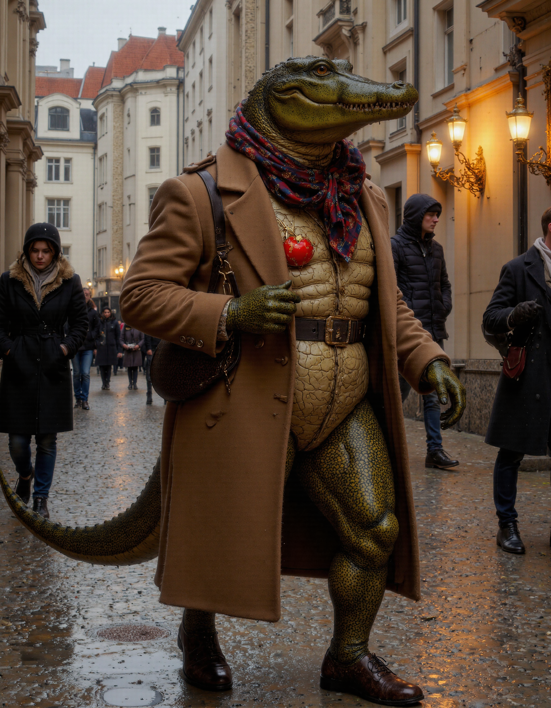 <lora:humanimality2:1>, funny antropomorphic crocodile dressed wintercoat walks down the streets of Sankt Petersburg in the times of october revolution in Hermitage