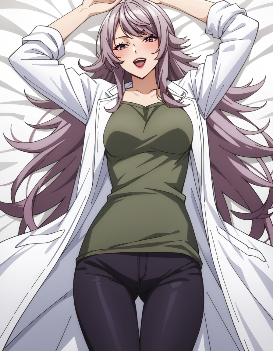 score_9, score_8_up, score_7_up, source_anime, uncensored, <lora:StS_detail_slider_v1:3>, zPDXLxxx, <lora:Rie_Sawada_PONYXL_VexVexX:1>, RieSawada, purple eyes, purple hair, long hair, bangs, makeup, lipstick, medium breasts, green shirt, black pants, labcoat, sleeves rolled up, cowboy shot, bedroom, from above, laying on back, on bed, arms up, hands, incoming hug, reaching, reaching towards viewer, thighs, looking at viewer,