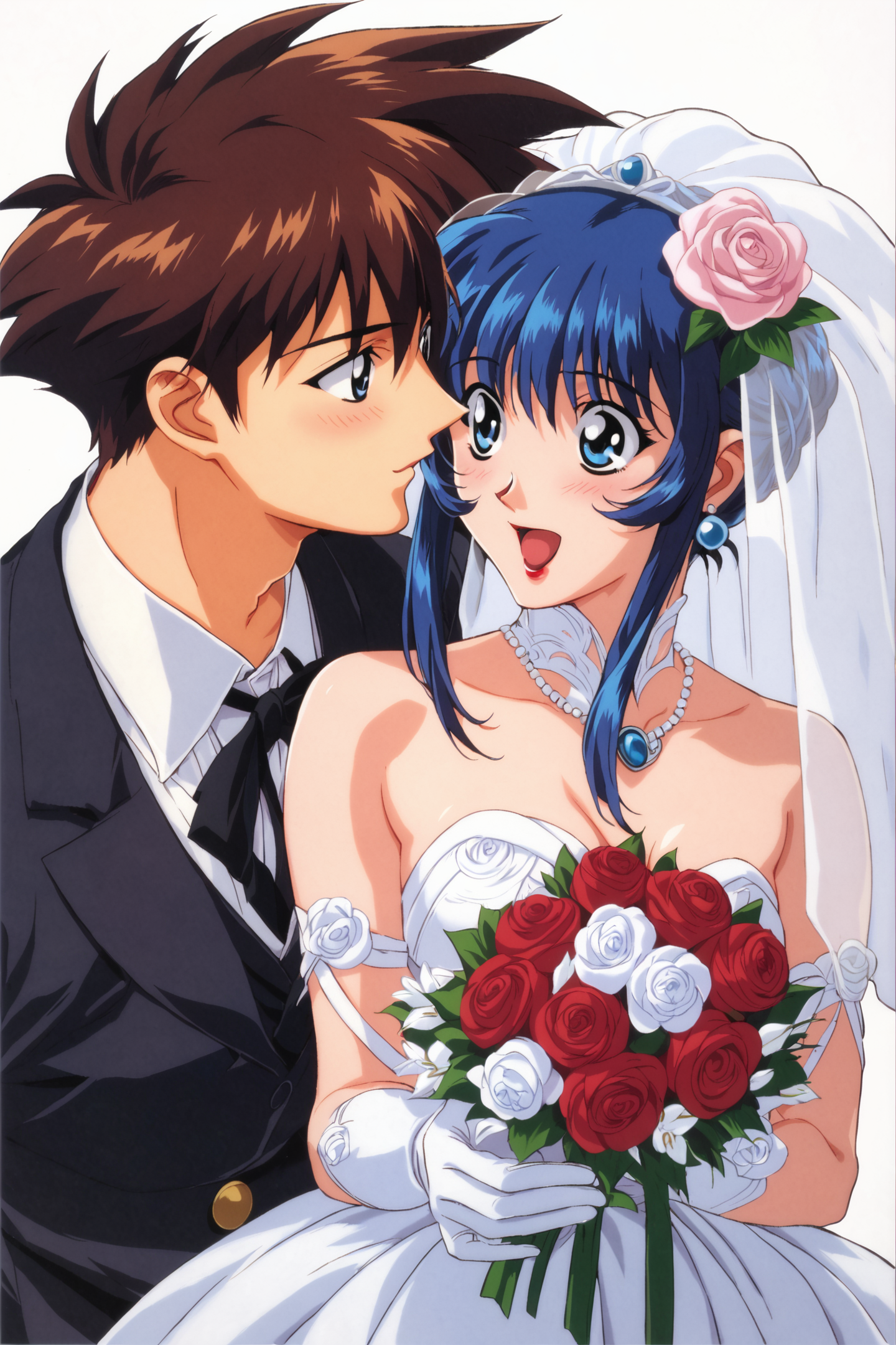 score_9,score_8_up,score_7_up,masterpiece,best quality,very aesthetic,absurdres,official art,official style,
Misumaru Yurika,1girl,dress,1boy,wedding dress,flower,bouquet,hetero,long hair,bridal veil,veil,couple,blue eyes,wedding,blue hair,gloves,brown hair,jewelry,bride,rose,earrings,white rose,open mouth,short hair,hair flower,formal,black eyes,lipstick,retro artstyle,white flower,white background,blush,wedding cake,red flower,tuxedo,
<lora:Keiji Gotoh_XL_PONY:0.8>,