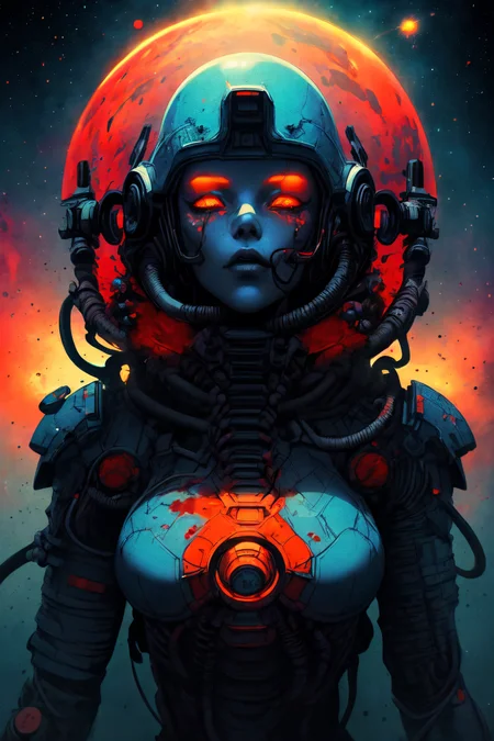 retroart style, dark fantasy aesthetics, sci-fi, high-tech, epic scene, dark and moody statuesque woman, (busty:1.1), detailliert face, (dark grey skin), stunning beauty, (long shot:1.7), (blue and orange biomechanical suit with helmet), looking up, (ancient alien ruins in backround), evil mystic, glowing particles, (with many sparkling particles floating around), smoke, (beautiful cosmic background full of planets and blood nebula:1.3), misty,  (highest quality), (ultra detailed), (cinematic lighting), sharp focus, digital panting, 3 d art, artwork,  <lora:add_detail:1>  <lora:detailed_notrigger:1>  <lora:Blanche:1>  <lora:Retro_Anime:0.5>