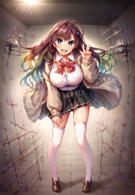 safe_pos, safe_pos, safe_pos, safe_pos, safe_pos, score_9, score_8_up, score_7_up, score_6_up, masterpiece, source_anime, high quality, perfect face, detailed eyes, perfecteyes, perfect balance, detailed face, perfect lighting, detailed background, uncensored, newest, absurdres, highres, very aesthetic, indoor, laboratory, dark atmosphere, dark, night,
uncensored,
ichinose shiki, long hair, brown hair, blue eyes, school uniform, loafers, white thighhighs, cardigan, loose bowtie, black skirt, 1girl, solo, open mouth, smile, large breasts, skindentation, pleasure, full body, long legs, size difference, larger female, tall female, looking at viewer, long calves, long legs, from below, low angle, peace sign,
standing, gradient hair, tall_girl,long_legs,