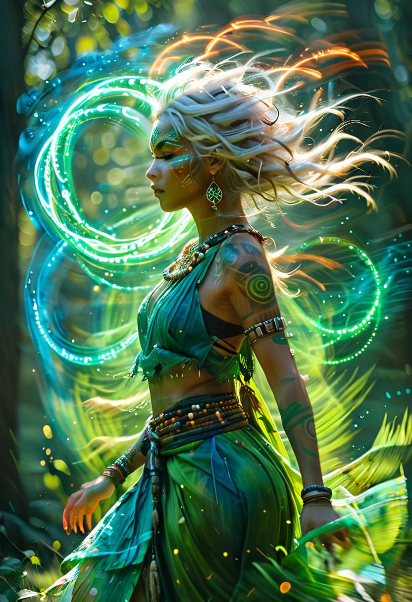 ((barbarian female, tribal shaman, full body portrait, watercolor illustration, asymmetric hair, white hair, green eyes, pale skin, tribal, green canvas toga, canvas hood, ((Spell rings, runic circles, mystical power,  blue glowing particles, ais-darkpartz)), BadDream, OverallDetail, Bokeh blur, colorful, cp2077, masterpiece, photorealistic, tribal top, tribal sarong, tribal bodypaint,, meadow background, wind magic, green magic, wind,