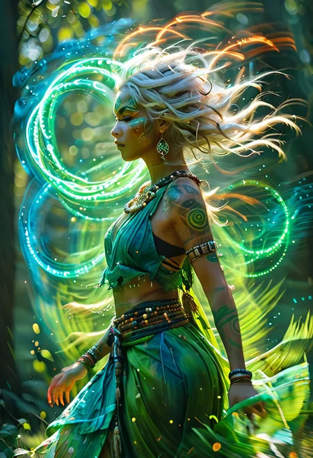 ((barbarian female, tribal shaman, full body portrait, watercolor illustration, asymmetric hair, white hair, green eyes, pale skin, tribal, green canvas toga, canvas hood, ((Spell rings, runic circles, mystical power,  blue glowing particles, ais-darkpartz)), BadDream, OverallDetail, Bokeh blur, colorful, cp2077, masterpiece, photorealistic, tribal top, tribal sarong, tribal bodypaint,, meadow background, wind magic, green magic, wind,