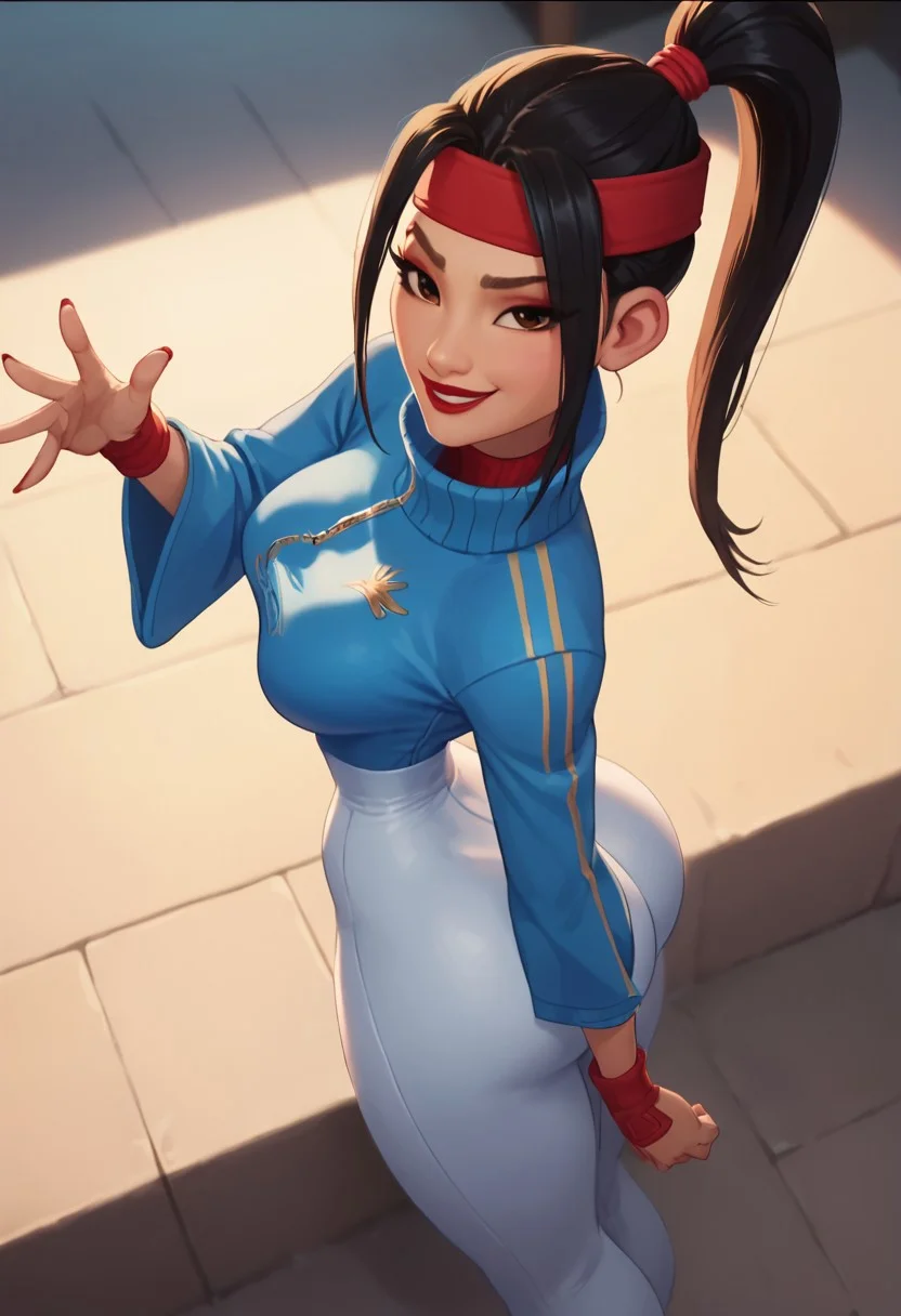 score_9, score_8_up, score_7_up, ultra quality, solo, 1girl, chang'e_tt, 1girl, asian, high ponytail (black hair, red headband), big eyelashes, brown eyes, makeup, red eyeshadow, red lipstick, red nails, red wristbands, blue track jacket (turtleneck, wide sleeves), light blue spandex, smug smile, big hips, big butt, bubble butt, breasts, narrow waist, curvy, score_9, score_8_up, score_7_up, score_6_up, looking at the viewer, standing, close up, view from above, screencap