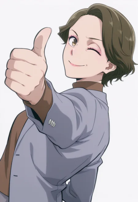 anime screencap, anime coloring,    <lora:DX888Shoko:1>  haimawari shoko, brown eyes, brown hair, short hair, makeup, mature female, wrinkled skin, 
grey blazer, turtleneck sweater, brown sweater, grey skirt BREAK simple background,  white background, BREAK  1girl, closed mouth, finger gun, one eye closed, pointing, pointing at viewer, smile, upper body, solo, from below, from side,  dutch angle,