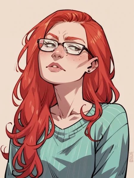 score_9, score_8_up, score_7_up, score_6_up, score_5_up, <lora:B4tgirlXLP:1> b4tgirl, 1girl, solo, red hair, long hair, glasses