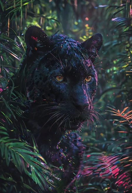 An ultra-realistic depiction of a black panther in a dark, ambient jungle setting. The panther's fur is intricately detailed, with a glossy sheen that catches the faint light filtering through dense foliage. glitched aesthetic that introduces unexpected distortions and color shifts. Shadows play across the scene, emphasizing the panther's powerful presence as it prowls through the lush, dark undergrowth.
[style of greg rutkowski,janek sedlar,jenny saville:0]  <lora:vivid_everclear:0.35>  <lora:Sinozick:0.35>  <lora:MJ52:0.35>