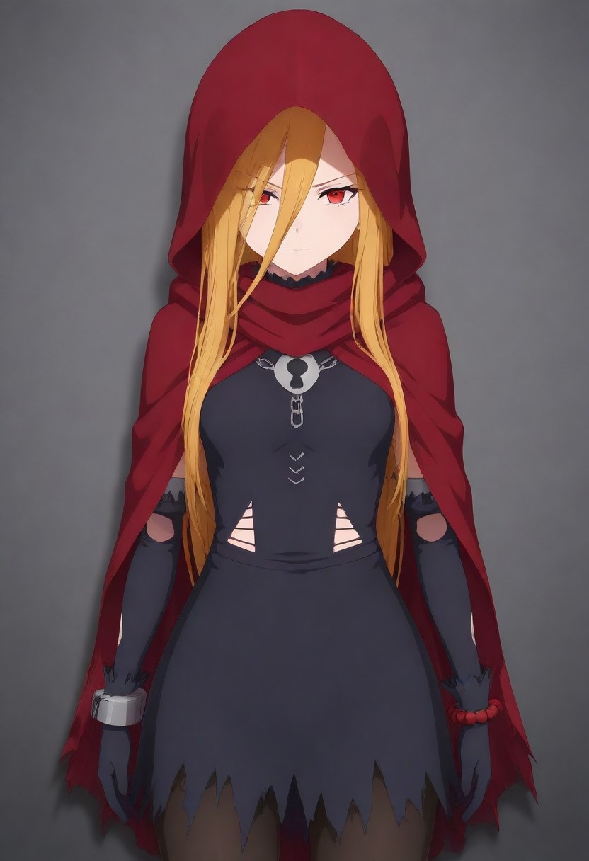 masterpiece, best quality, amazing quality,,, shiny skin,,,,,, <lora:Evileye:1> N4rb3r4lG4mm4, red eyes, blonde hair, very long hair, hair between eyes, torn clothes, hood, pantyhose, black dress, gloves, chain, hooded cloak, shackles,