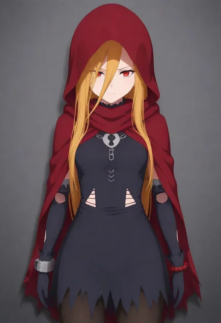 masterpiece, best quality, amazing quality,,, shiny skin,,,,,, <lora:Evileye:1> N4rb3r4lG4mm4, red eyes, blonde hair, very long hair, hair between eyes, torn clothes, hood, pantyhose, black dress, gloves, chain, hooded cloak, shackles,
