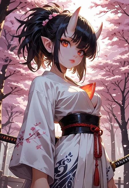 (((gardevoir))), female, anthro, porcelain white skin,zPDXL3, score_9, score_8_up, score_7_up, 1girl, Gardevoir, Oni horns, solo, 21year old, black hair, messy ponytail, fringe, black eyes, medium breasts, petite body, glossy skin,samurai spirit, oni, battle-worn outfit, cherry blossoms, moonlit sky, scattered petals, ancient katana, kanji tattoos, looking at viewer, eye contact, dutch angle, warm light, godrays, volumetric lighting, vivid colors, painterly, glitch art photo,